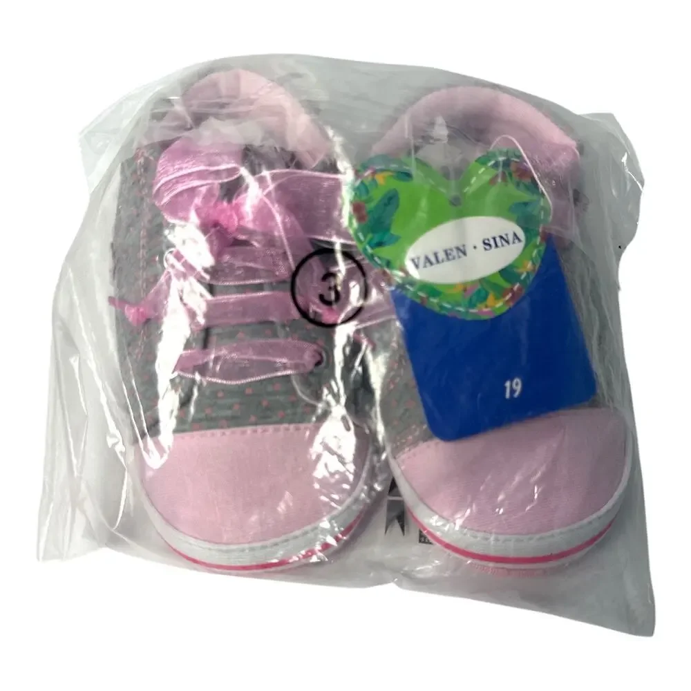 Baby Soft Bottom Shoes Pink Grey Polka Dot Crib Sneakers Size 19 NEW